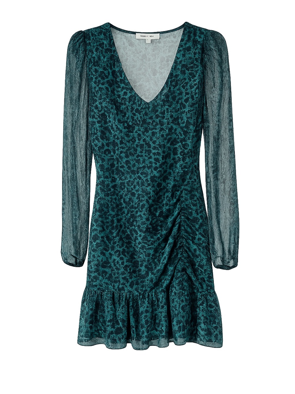 Teal Animal-Print V-Neck Long-Sleeve Mini Dress